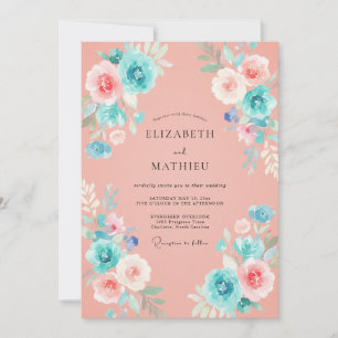 Invitation Mariage Aquarelle Turquoise Corail