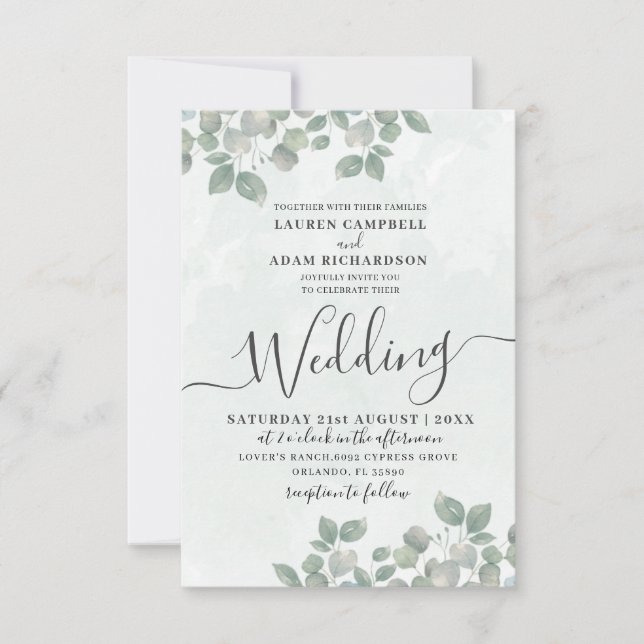 Invitation Mariage aquarelle vert rustique eucalyptus (Devant)