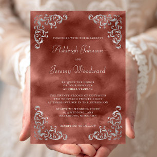 Invitation Mariage aquarelle vintage argent cannelle