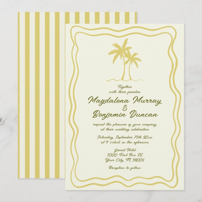 Invitation Mariage Arbre Palmiste Cadre Ondulé Citron Dessiné (Devant / Derrière)