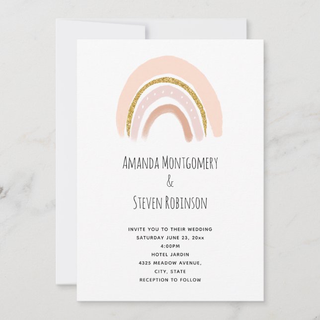 Invitation Mariage Arc-en-ciel Bohème Rose Pastel et Faux Str (Devant)