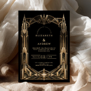 Invitation Mariage Architectural Art Déco Or Noir