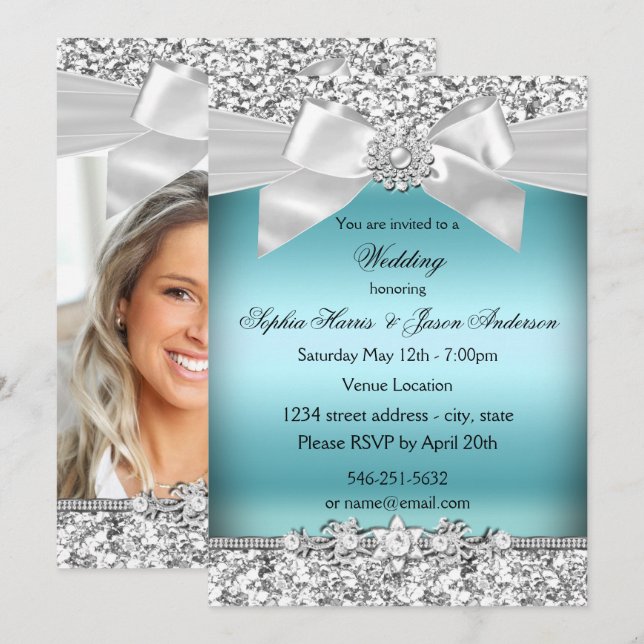 Invitation Mariage Argent Bleu Parties scintillant Bijou Bow (Devant / Derrière)