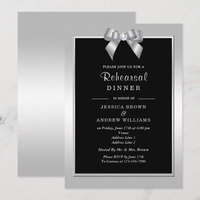 Invitation Mariage Argent Élégant Ruban Gemme & Noir (Devant / Derrière)