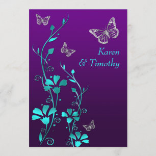 Invitation Mariage Argent Turquoise violet, floral Papill