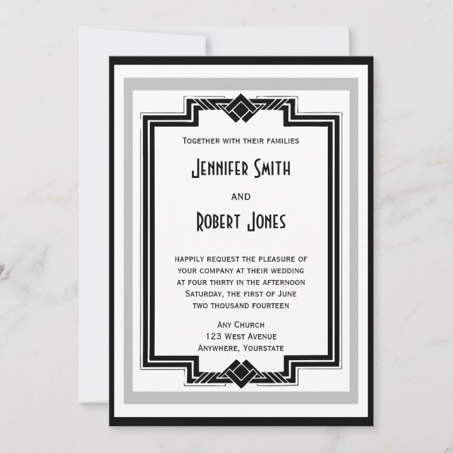 Invitation Mariage argenté blanc noir de cadre d'art déco (Devant)