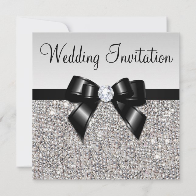 Invitation Mariage argenté d'arc de noir de diamants de (Devant)