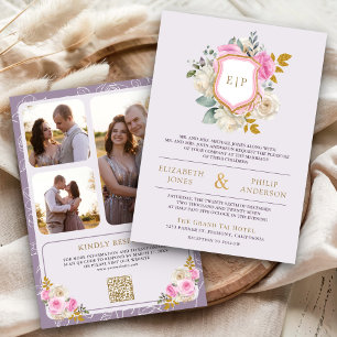 Invitation Mariage armoiries code QR floral rose violet pouss