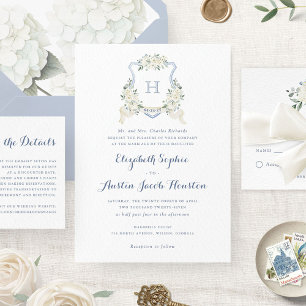 Invitation Mariage Armoiries Monogramme Floral Végétal Bleu P