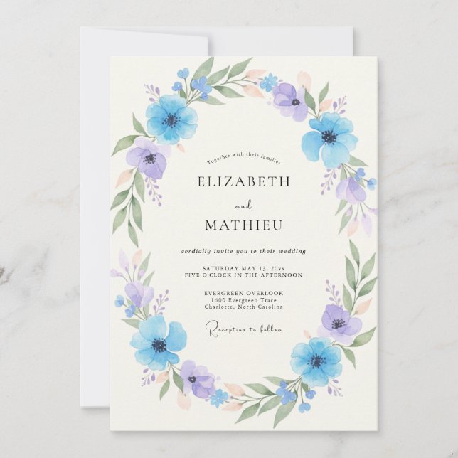 Invitation Mariage Arrangement de Fleurs Bleu Ciel (Devant)
