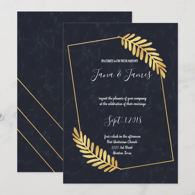 Invitation mariage arrière de Golden Frame Navy (Devant / Derrière)