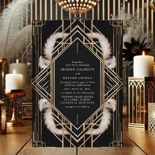 Invitation Mariage Art Déco à Plumes Noir et Or