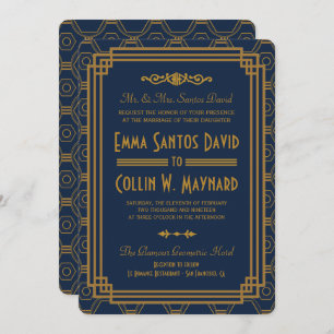 Invitation Mariage Art déco bleu invite