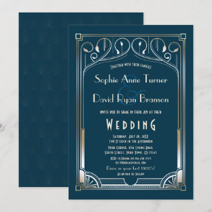 Invitation Mariage Art déco Bling Great Gatsby Gold Blue
