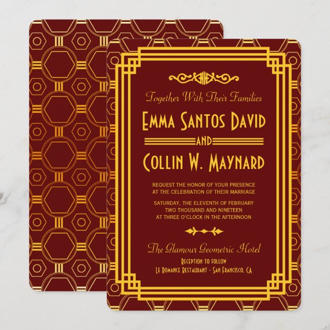 Invitation Mariage Art Déco Bourgogne (Devant / Derrière)