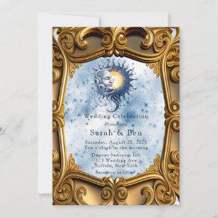 Invitation Mariage Art déco Céleste Jaune Bleu Soleil Lune