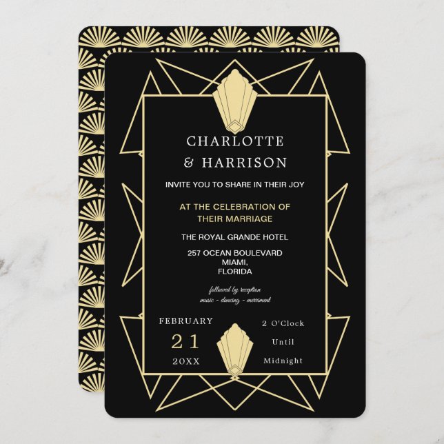 Invitation Mariage Art Déco Classy Black Gold (Devant / Derrière)