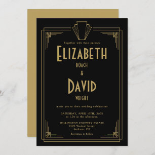 Invitation Mariage Art Déco des années 1920, noir et or