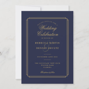 Invitation Mariage Art Déco écriture Navy Blue et Or