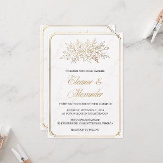 Invitation Mariage Art Déco Élégant Ivoire Or