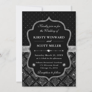 Invitation Mariage Art Déco Élégant Noir et Argent Pailleté