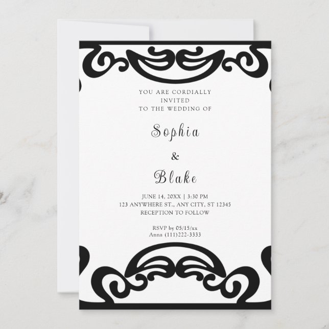 Invitation Mariage Art Déco Élégant Noir et Blanc (Devant)