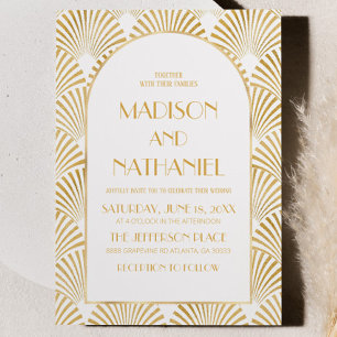 Invitation Mariage Art Déco Élégant Or Blanc Géométrique