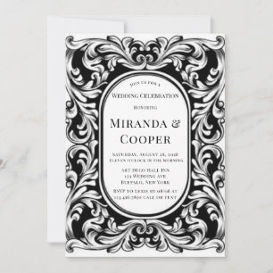 Invitation Mariage Art déco en feuillage noir