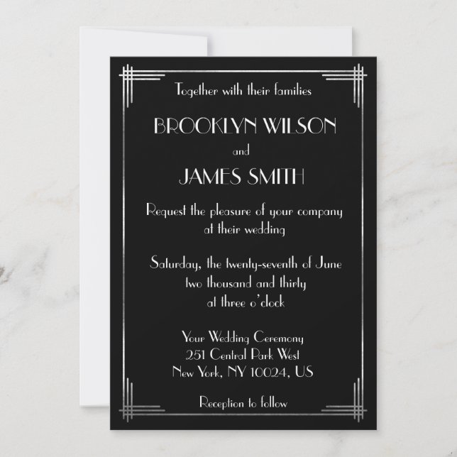 Invitation Mariage Art Déco Gatsby Argent (Devant)
