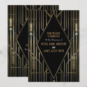 Invitation Mariage Art Déco Gatsby Glam 20 ans noir et or