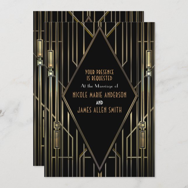 Invitation Mariage Art Déco Gatsby Glam 20's Noir & Or (Devant / Derrière)