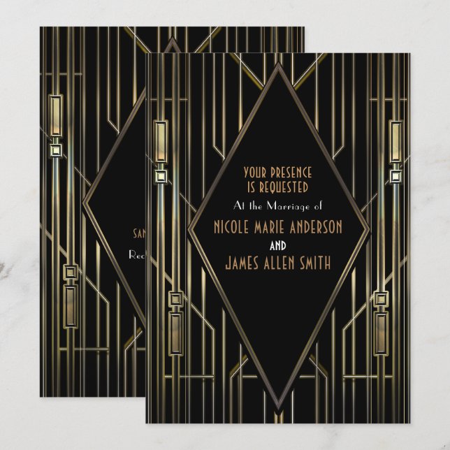 Invitation Mariage Art Déco Gatsby Glamour années 20 noir et  (Devant / Derrière)