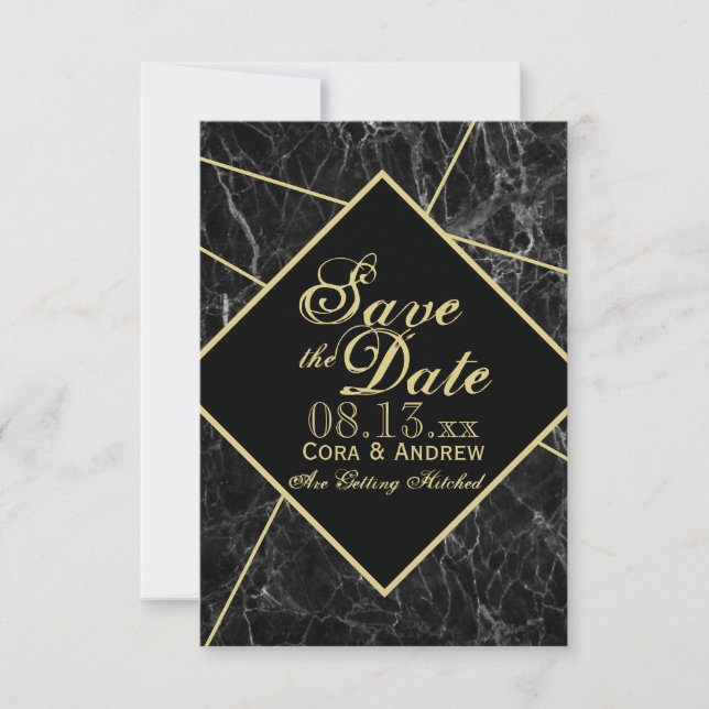 Invitation Mariage Art Déco Géométrique Marble et Or Save the (Devant)