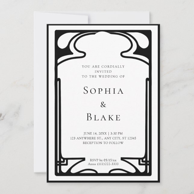 Invitation Mariage Art déco géométrique noir et blanc (Devant)