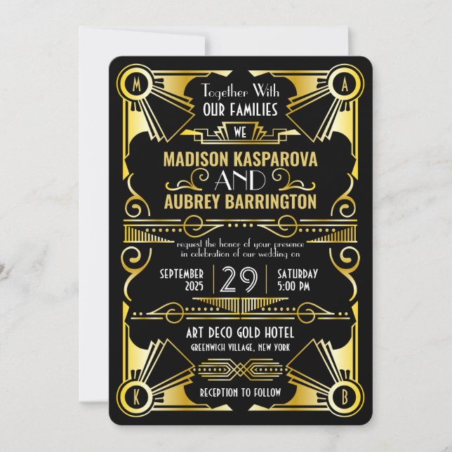 Invitation Mariage Art Déco Great Gatsby Ornate Black & Gold (Devant)