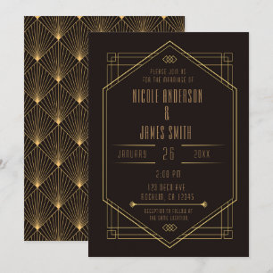 Invitation Mariage Art Déco noir élégant en or