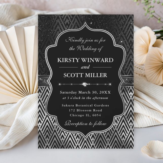 Invitation Mariage Art Déco Noir et Argent Glamour (Créateur téléchargé)