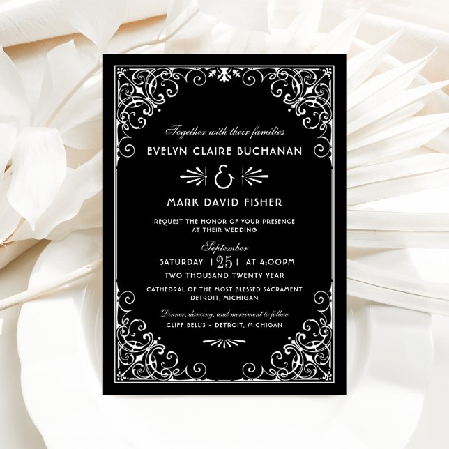 Invitation Mariage Art déco noir et blanc vintage (Créateur téléchargé)