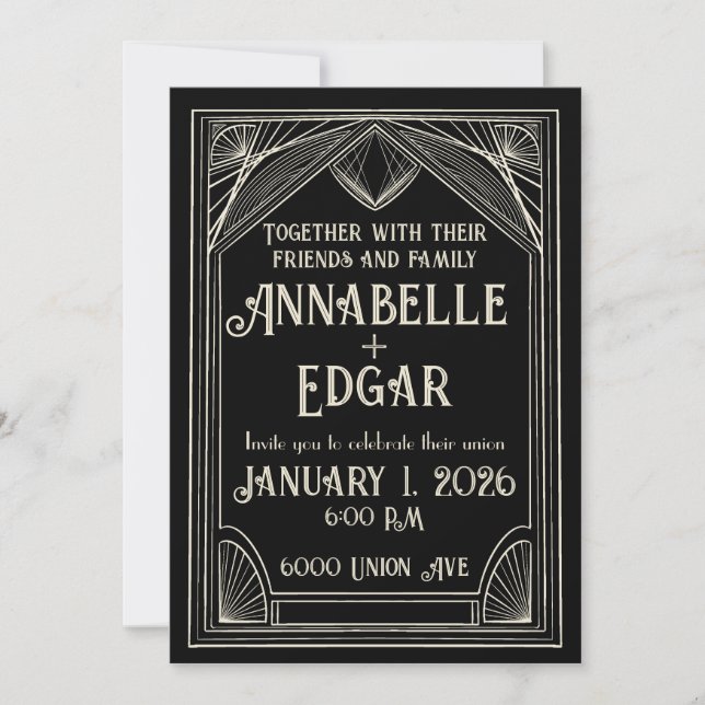 Invitation Mariage Art déco noir et ivoire (Devant)