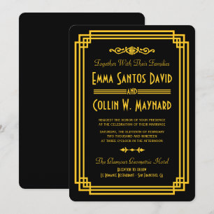 Invitation Mariage Art Déco Noir et Or