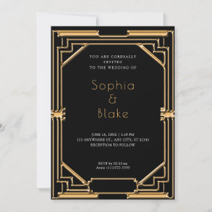 Invitation Mariage Art déco noir et or complexe