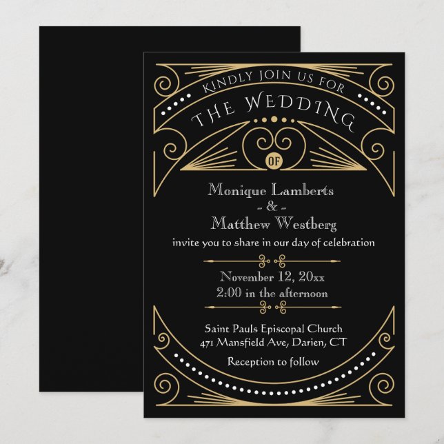 Invitation Mariage Art déco noir & or (Devant / Derrière)