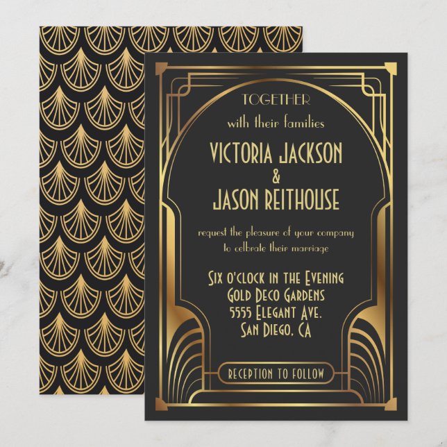 Invitation Mariage Art Déco Nouveau Or et Noir (Devant / Derrière)