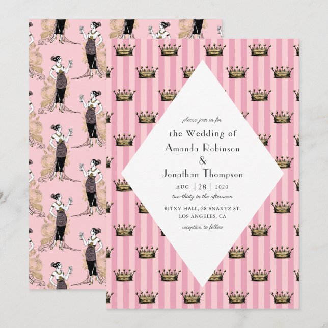 Invitation Mariage Art déco Paris rose et or (Devant / Derrière)