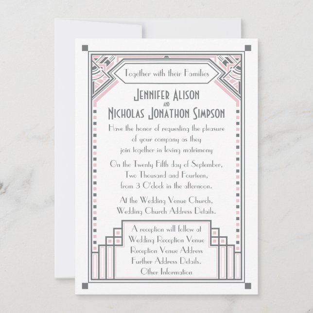Invitation Mariage Art déco Rose rose et gris Gatsby (Devant)