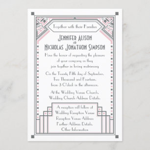 Invitation Mariage Art déco Rose rose et gris Gatsby
