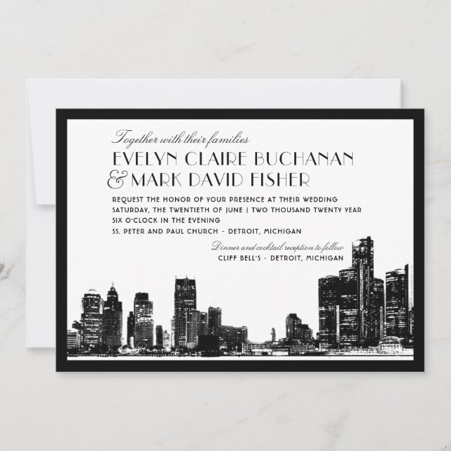 Invitation Mariage Art déco Skyline de Détroit (Devant)
