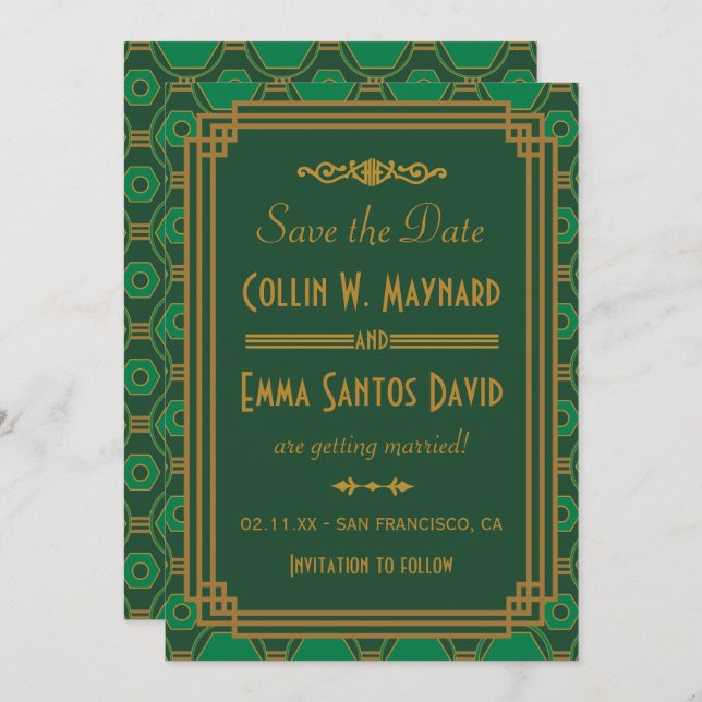 Invitation Mariage Art Déco Vert Enregistrer La Date (Devant / Derrière)