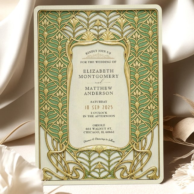 Invitation Mariage Art déco vert et or (Créateur téléchargé)