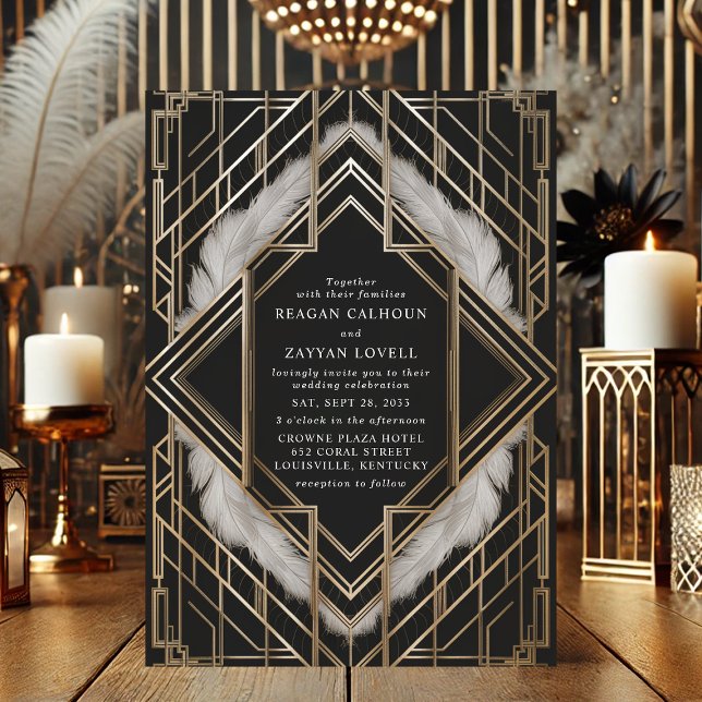 Invitation Mariage Art déco vintage Black Gold Feather (Créateur téléchargé)